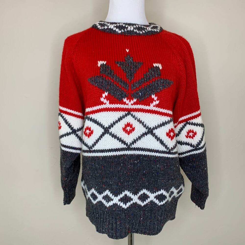Vintage Heavy Red Cream Gray Ski Sweater Nordic Sz Small